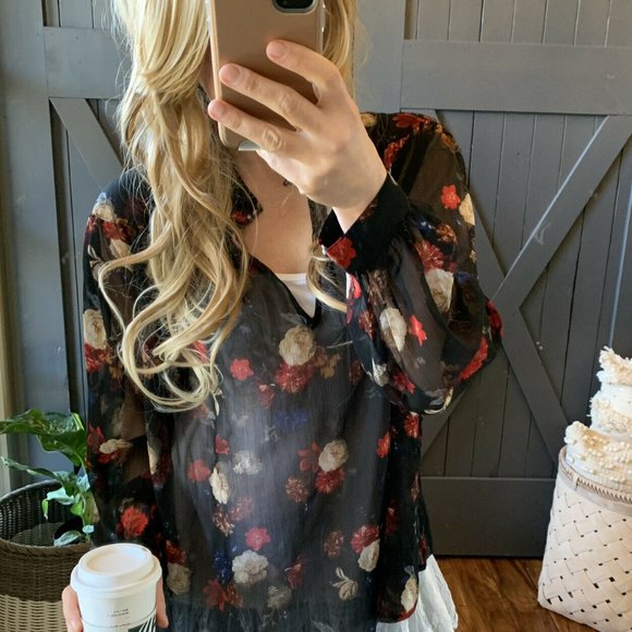 Shop_Fig Tops - Darling Lucky Brand Floral Chiffon Black Blouse XL
